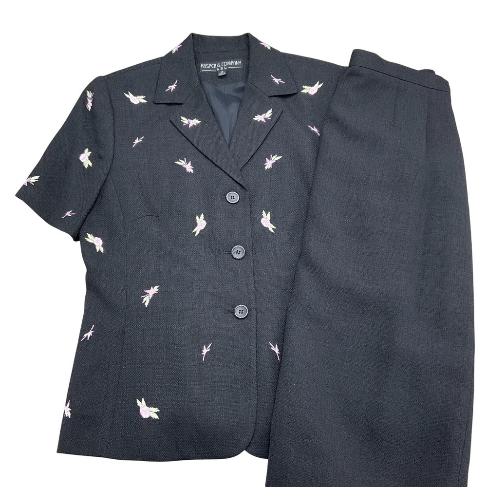 Kasper ASL Suit Women Jacket 10 Skirt 8 Black‎ Purple Stitched Floral Woven VTG